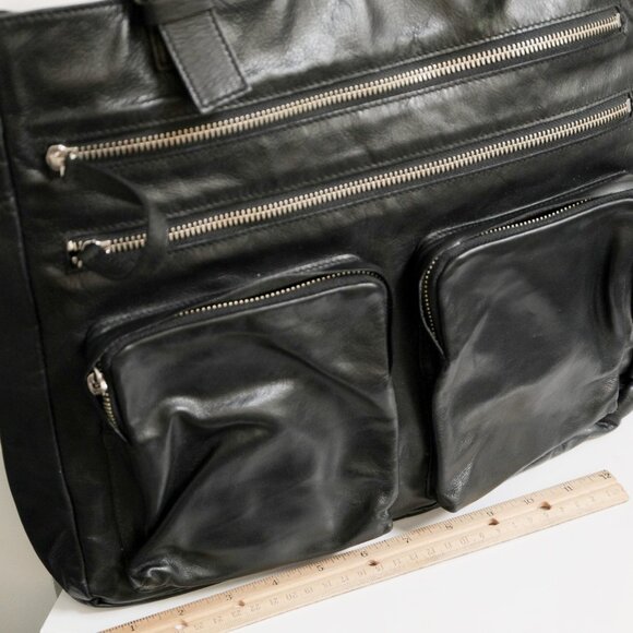 CLUB MONACO Unisex Large Black Soft Leather Zippered Shoulder Laptop Bag Purse - Picture 3 of 12